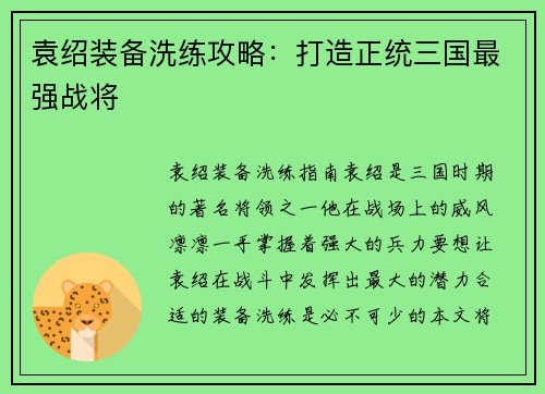 袁绍装备洗练攻略：打造正统三国最强战将
